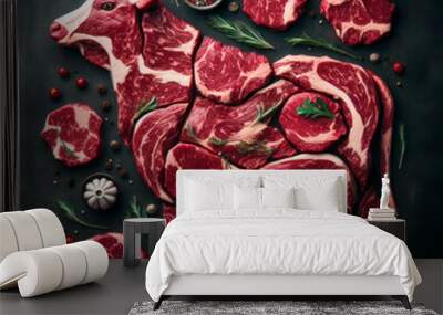 Organic grass fed marbled meat, cow made up of red meat beef pieces on dark background from above. ai generative Wall mural