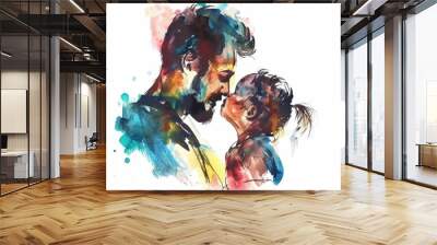 painted color ink illustration Father and child isolated on solid a white background Wall mural