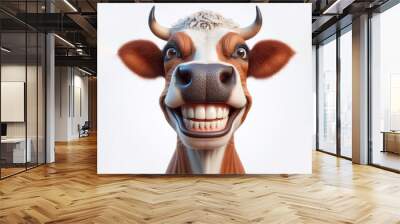 photorealistic portrait of a cow with a big teeth smile and huge eyes on a white background. ai generative Wall mural