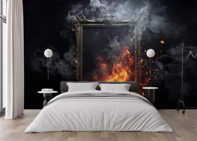 Picture frame in fire embers particles over black background. Fire sparks background. Abstract dark glitter fire particles lights. Wall mural