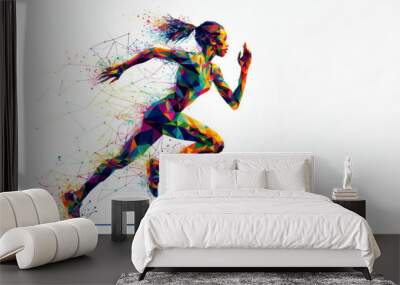 Polygonal person running colorful splash contrast sharp on white background. ai generative Wall mural