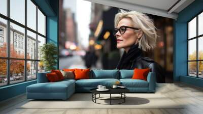 Portrait of a beautiful blonde woman in black leather jacket and eyeglasses on a city street. Wall mural