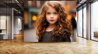 Portrait of a beautiful little girl with long curly hair on the street. Wall mural