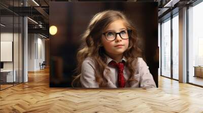 Portrait of a beautiful little girl with long hair wearing glasses. Wall mural