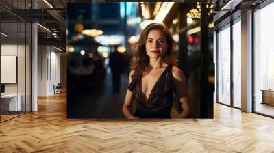 Portrait of a beautiful woman in the city at night with lights Wall mural