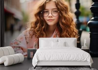 Portrait of a beautiful young girl in glasses on the street. Wall mural