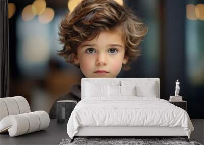 Portrait of a cute little boy with curly hair in the room Wall mural