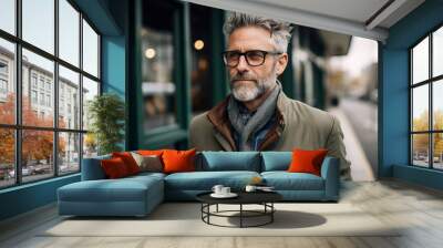 Portrait of a handsome mature man with grey hair wearing eyeglasses and coat walking in the city. Wall mural