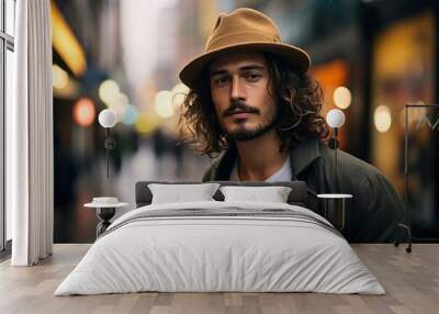 Portrait of a handsome young man wearing hat walking in the city Wall mural