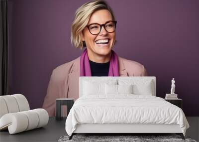 Portrait of a happy businesswoman wearing glasses and a purple jacket Wall mural