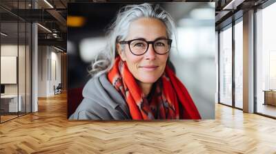 Portrait of a senior woman wearing glasses and a red scarf. Wall mural