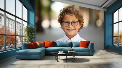 Portrait of a smiling little boy wearing eyeglasses in the city Wall mural