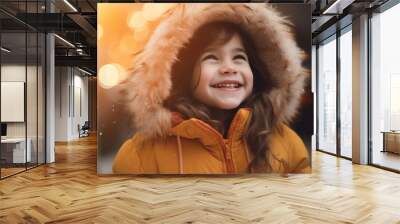 Portrait of a smiling little girl in a warm jacket and hood. Wall mural