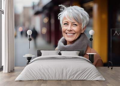 Portrait of a smiling senior woman walking in a city street. Wall mural