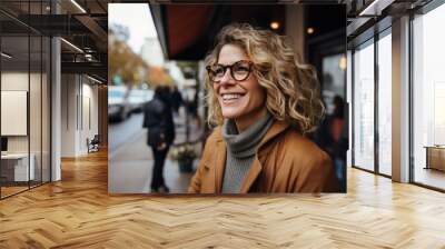 Portrait of a smiling woman with curly blonde hair wearing brown coat and eyeglasses in the city Wall mural