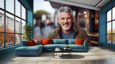 Portrait of smiling senior man with grey hair in city street. Wall mural