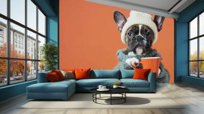 puppy dog holding cup of coffee Isolated on color background Wall mural