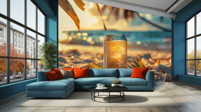 Sea beach with a cocktail or soft drink in an aluminum can in the summer sun and hot sand under the tropical palm trees. Refreshment on vacation. Wall mural