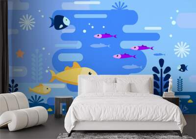 sea life in flat style. underwater world background. gold fish with deferent fishes. vector illustra Wall mural