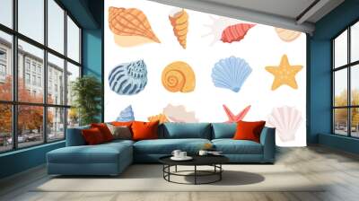 Sea shells, mollusks, stars. Beautiful colored shells of different shapes. Vector illustration Wall mural