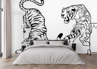 Set of big tigers. Collection of portraits of predatory wild cats. Set of wildlife and fauna dwellers. Vector illustration on a white background. Tattoo. Wall mural