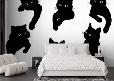 Set of black cats looking out of the corner. Collection of cat faces that spy on you. Playing pets. Tattoo. Wall mural