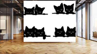 Set of black cats looking out the window. Collection of cartoon cats looking out the window. Funny pets. Black-white vector illustration for children. Tattoo. Wall mural