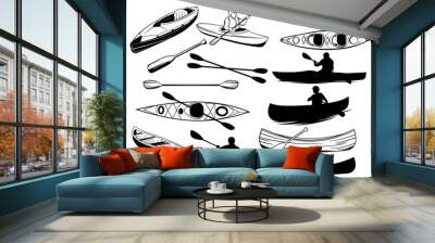 Set of canoe silhouettes. Collection of people floating in a kayak. Black and white illustration of a kayak. Rowing boat vector drawing for logo Wall mural