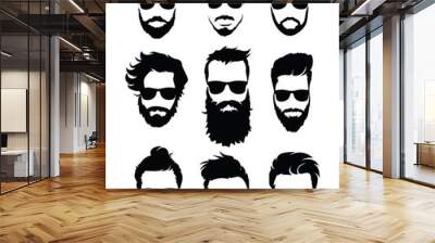 Set of hairstyles for men in glasses. Collection of black silhouettes of hairstyles and beards. Vector illustration for hairdresser. Wall mural