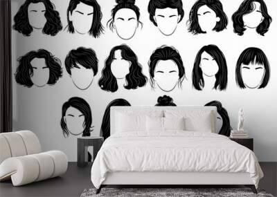 Set of hairstyles for women. Collection of black silhouettes of hairstyles for girls. Fashionable hairstyles. Wall mural