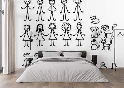 Set of happy cartoon doodle figure family, stick man. Stickman Illustration Featuring a Mother and Father and Kids. Vector Illustration, set of family in stick figures. Hand Drawn. Wall mural