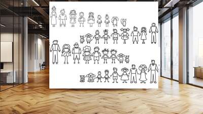 Set of happy cartoon doodle figure family, stick man. Stickman Illustration Featuring a Mother and Father and Kids. Vector Illustration, set of family in stick figures. Hand Drawn. Wall mural