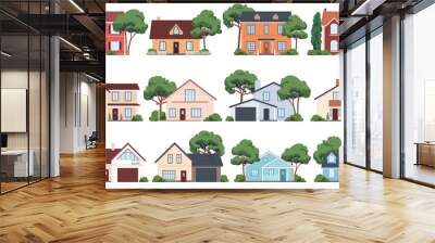 Set of house exterior architecture. Facades of mansions with trees. Residential rural and urban buildings. Traditional and modern houses. Vector illustration Wall mural