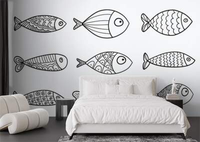 Set of vector stylized fishes. Collection of aquarium fish. Linear Art. Illustration for children. Wall mural