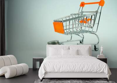 shopping cart and coins on a white background close-up Wall mural