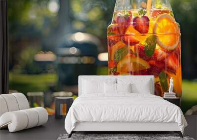 Sparkling Fruit Punch: A large glass dispenser filled with sparkling fruit punch, with slices of oranges, strawberries Wall mural