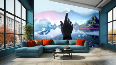 Human hand touching digital pad Environment save clean planet ecology concept Green technology Progress Space for text or infographics Wall mural