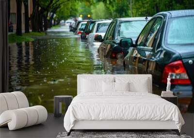 The Chaos of Urban Flooding: A Line of Cars Partially Submerged in Water, The Devastating Consequences of Heavy Rains Wall mural