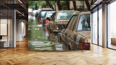 The Chaos of Urban Flooding: A Line of Cars Partially Submerged in Water, The Devastating Consequences of Heavy Rains Wall mural