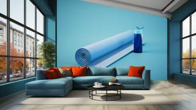 the concept of sports. fitness mat and shaker for water or protein shake. 3D render Wall mural