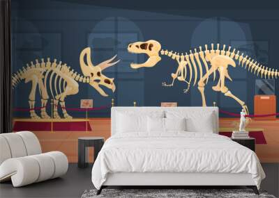 The skeleton of a herbivorous dinosaur on a pedestal in a museum. The skeleton of foot-and-mouth predators and herbivores. Archaeological excavations of dinosaur fossils. Study of ancient animals Wall mural