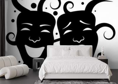 Theatre Masks. Drama and comedy. Illustration for the theater. Tragedy and comedy mask. Black white illustration. Tattoo. Wall mural