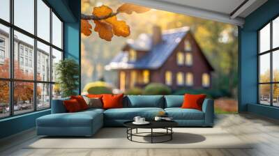 A key hanging from a branch with autumn leaves, with a house in the background, representing home ownership and new beginnings. Wall mural