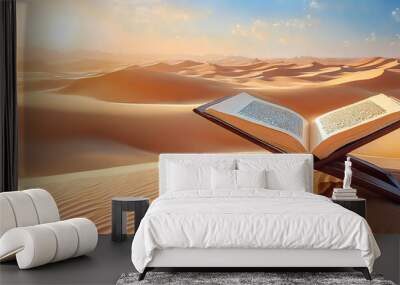 An open quran book stands alone in a vast desert expanse. Literature endures in a barren, sandy scene, symbolizing knowledge. Panorama with copy space. Wall mural