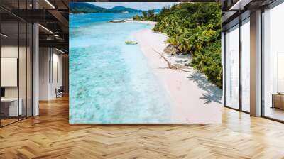 Daytrip to Therese Island. Mahe. A aerial drone view from blue lagoon and lonely tourist boat get ashore to sandy beach with tropical palm trees. travel concept Wall mural