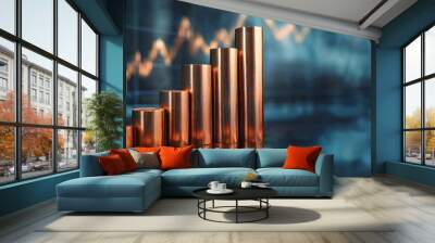 Metallic Cuprum Cylinders Rise Against Economic Graph. Shining bars reflect the stock market's fluctuations. Financial growth depicted by ascending copper rods. Panorama with copy space. Wall mural