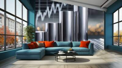 Metallic cylinders in varying sizes in front of a stock market graph, representing business and financial growth. Wall mural