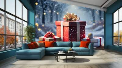 Red white gift boxes on snow for Christmas holidays background. Saint Nicholas Day. Snowy dark forest with magical lights. Wall mural