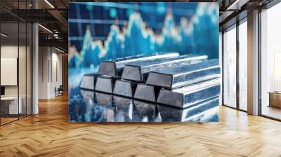 Silver Bars on Financial Chart. Shiny bullion stacks over dynamic market display. Panorama with copy space. Wall mural