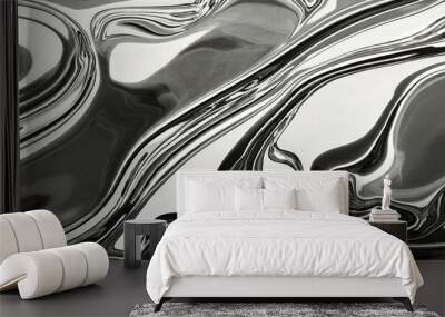 Silver swirls of mercury create an abstract liquid metal pattern. The metallic texture flows elegantly, displaying reflective beauty in a monochrome panorama with copy space. Wall mural